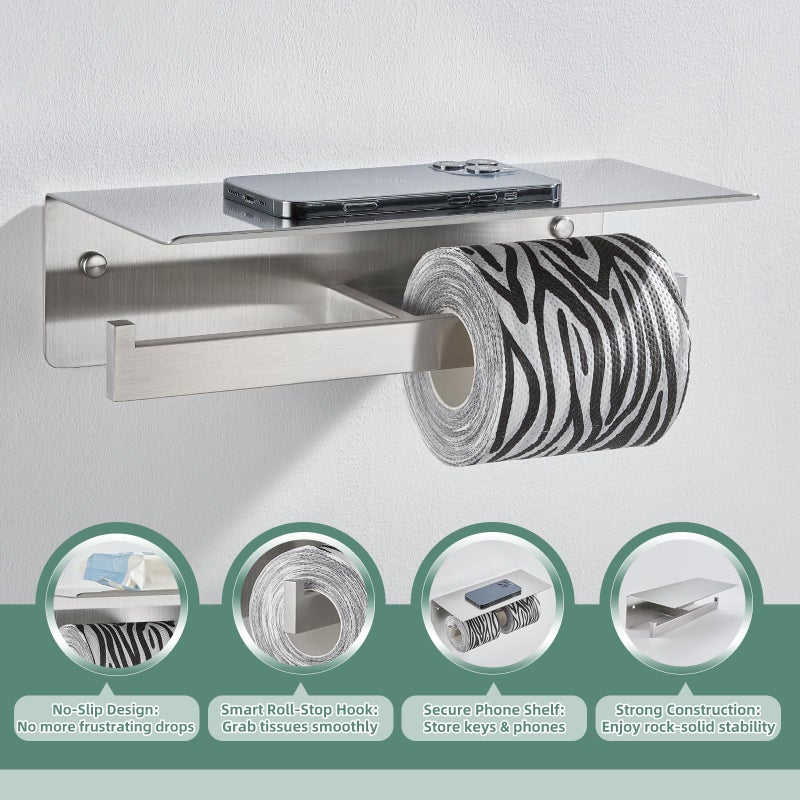 APLusee Double Toilet Paper Holder with Shelf, 304 Stainless Steel Brushed Nickel Bathroom Tissue Holder, Commercial Paper Roll Dispenser Wall Mounted - Image 4